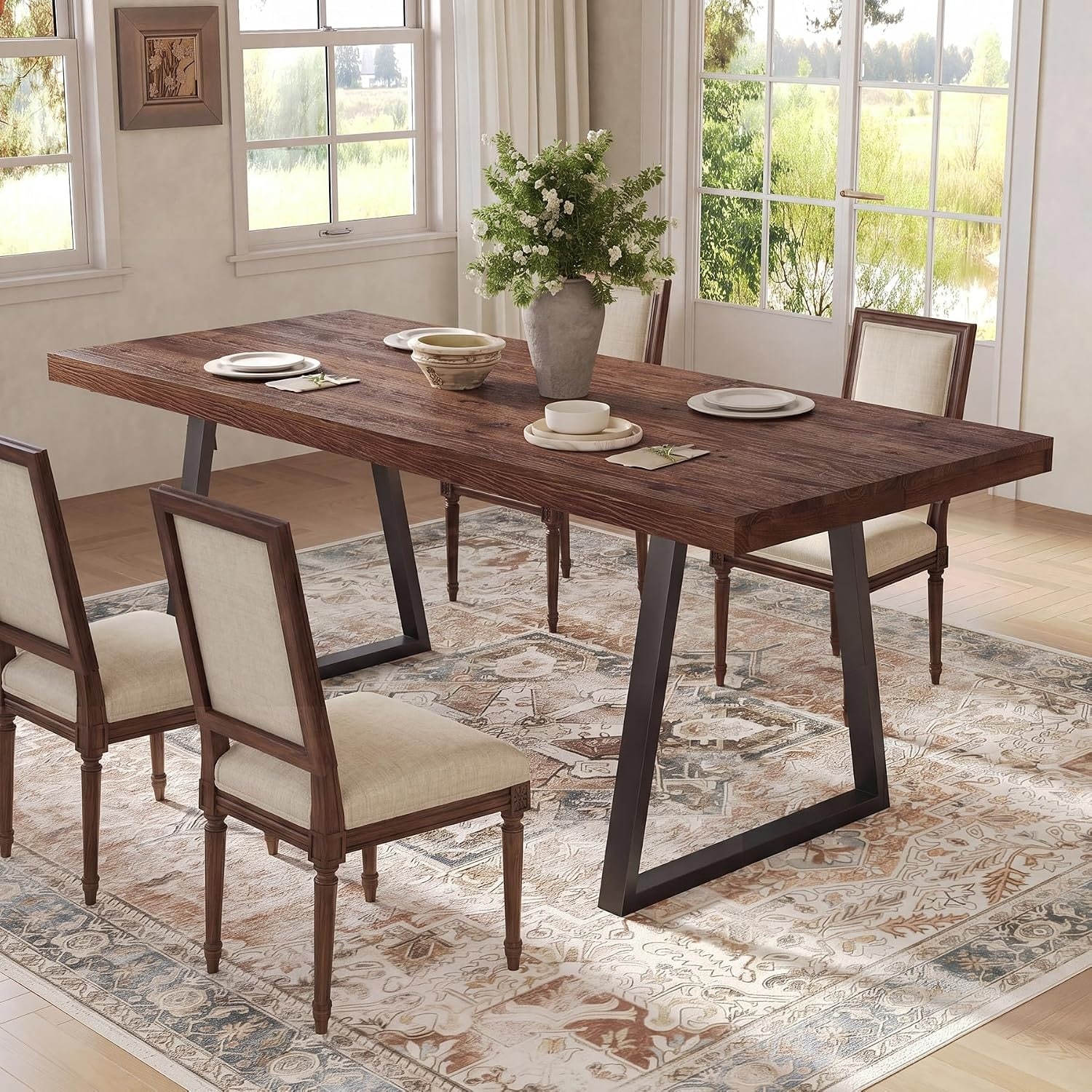 63" Solid Wood Industrial Dining Kitchen Table for 4-6 People with Heavy-Duty Metal Legs