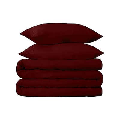HomeRoots Burgundy Twin Cotton Blend 650 Thread Count Washable Duvet Cover Set