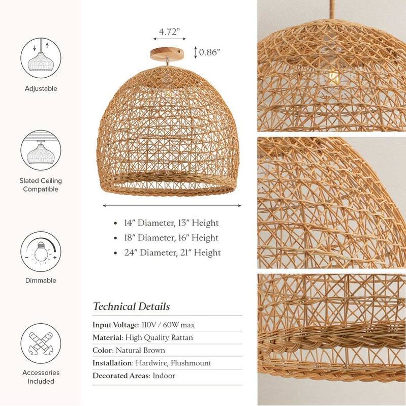Lumiere Rattan Flush Mount - Rattan Natural Handwoven Ceiling Light for Hallway or Bedroom in Modern, Farmhouse, Boho Style