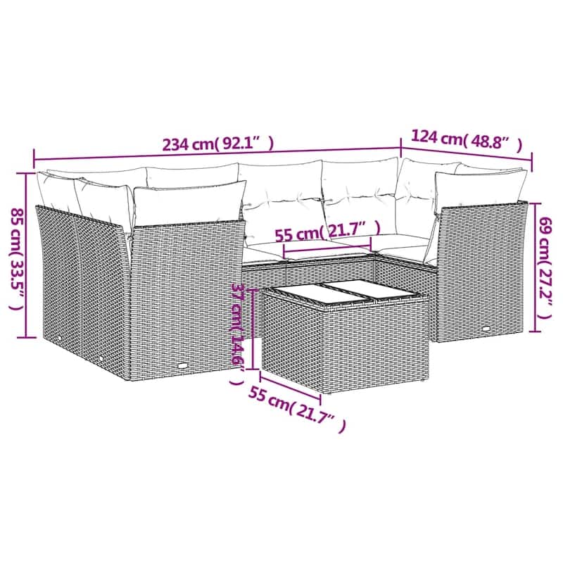 vidaXL 7 Piece Patio Sofa Set with Cushions Brown/Gray Poly Rattan - 24.4 x 24.4 x 27.2