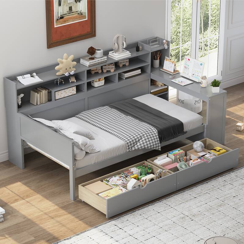 Multi-functional Daybed with Storage Shelves, Drawers and Study Desk - Grey - Twin