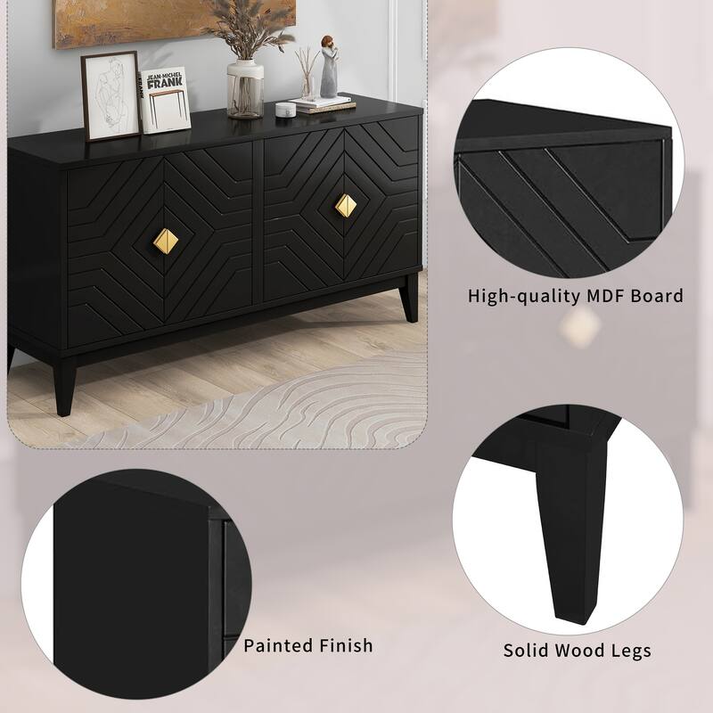 4 Door Buffet Cabinet with Groove Striped Lines, Sideboard Cabinet with Gold Handles, Storage Cabinet with Adjustable Shelves