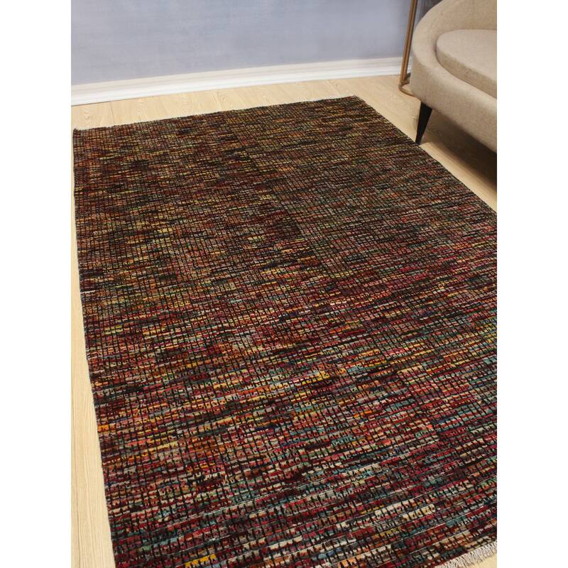 Noori Rug High-Low Chobi Muji Red/Gold Rug - 5'5" x 8'2"