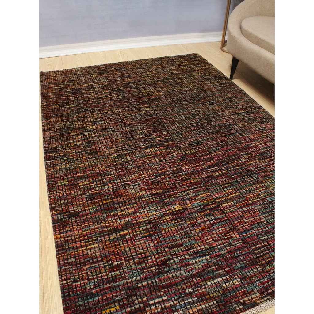 Noori Rug High-Low Chobi Muji Red/Gold Rug - 5'5" x 8'2"