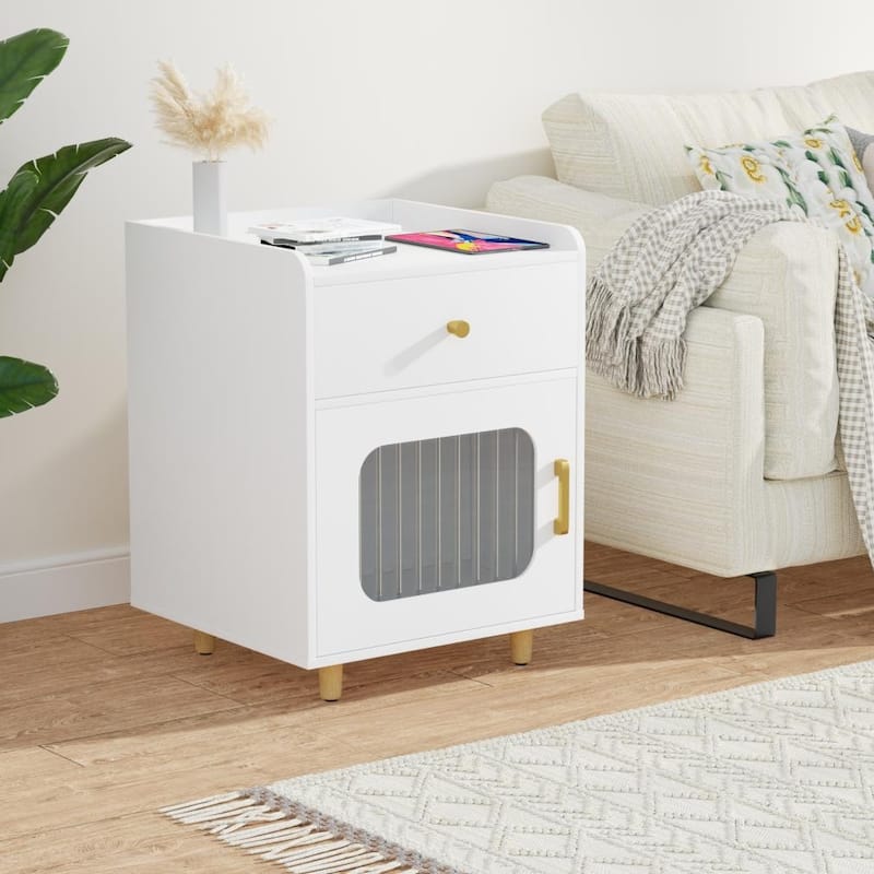 White Wooden Nightstand End Table w Drawer and Glass Door for Bedroom