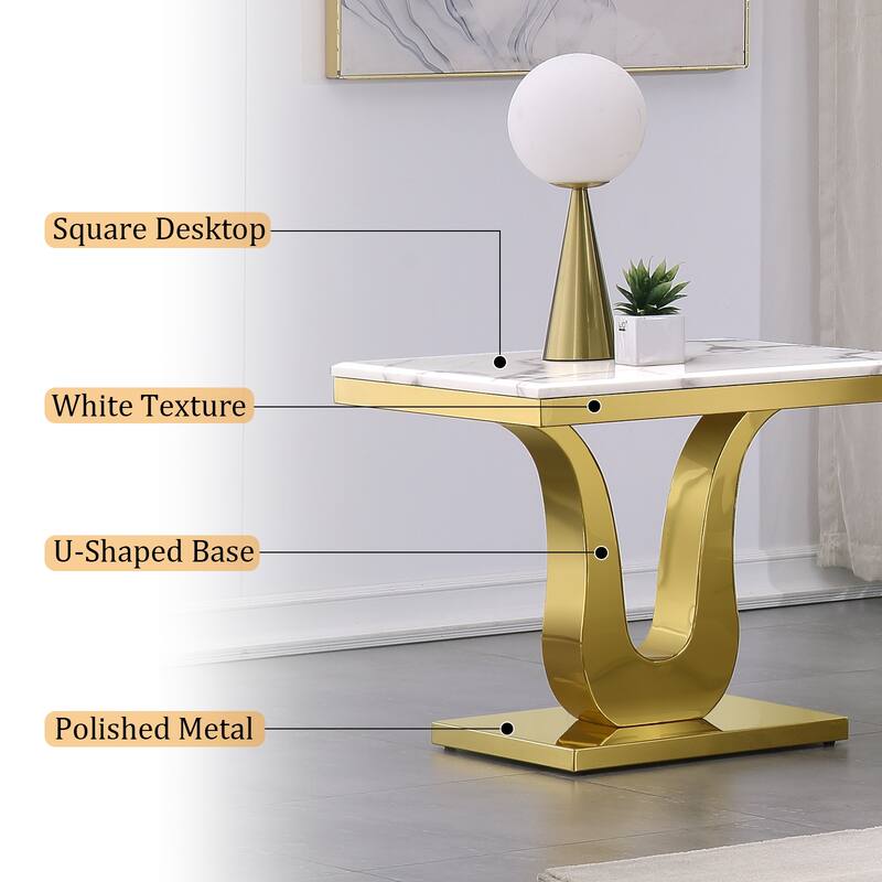 Modern End Table Square Living Room Side Table with White Top and Gold Mirrored Metal U Base