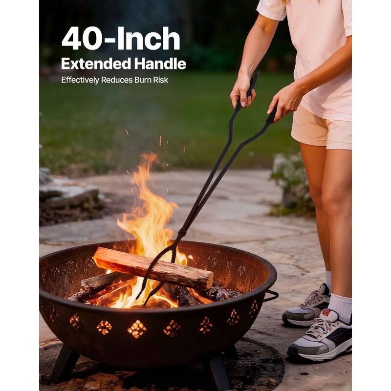 3-Piece Wrought Iron Fireplace Tool Set Poker, Tongs & Tool Stand, Heavy-Duty Carbon Steel Fire Pit Accessories