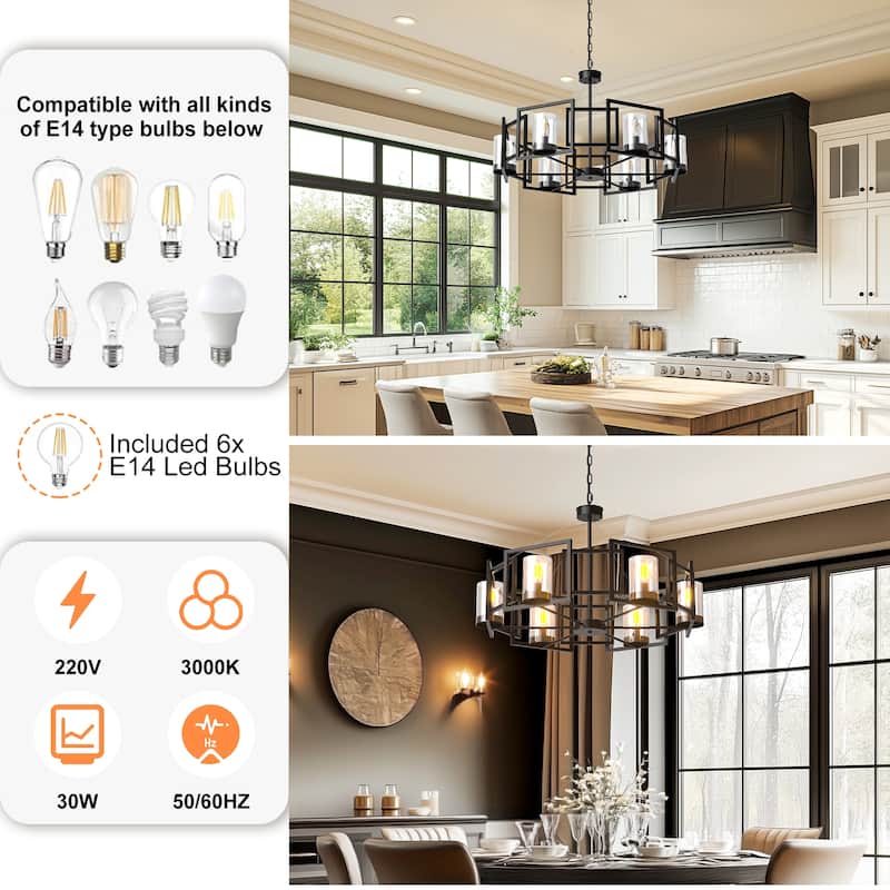 6-Light Geometric Shade Industrial Metal Chandeliers Dining Room Pendant Light - 29" Dia.
