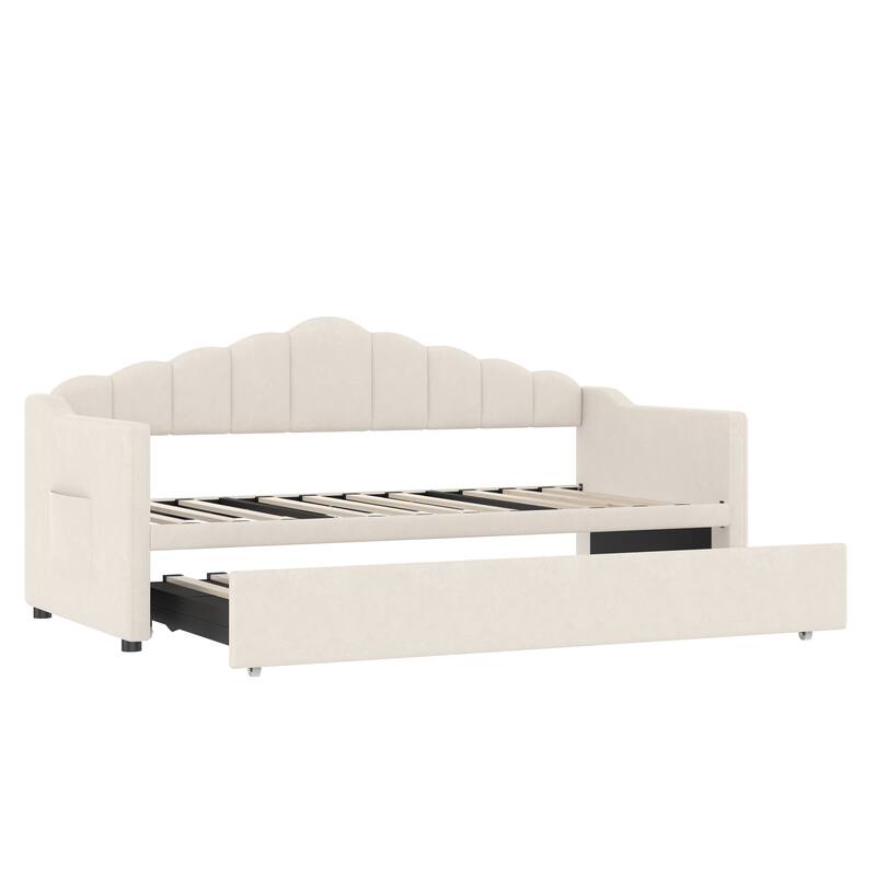Upholstered Twin Size Daybed with Adjustable Height Pop Up Trundle Twin Bed and USB & Type-C Charging Port,with 2 Side Pockets