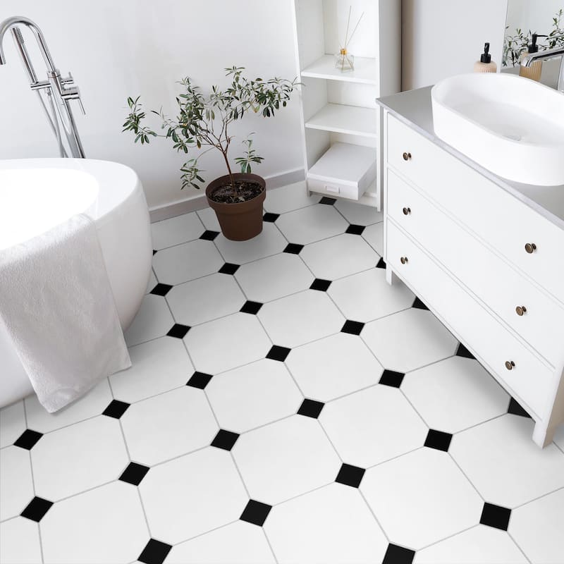 Merola Tile Monocolor Octagon Alaska with Taco Nero 12-1/4" x 12-1/4" Ceramic Floor and Wall Tile - Case (20 Tiles)