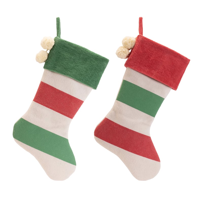 Set of 2 Striped Wool Christmas Stockings in Red and Green with Puff Ball Accents for Holiday Decor - 13.5”L x 2”W x 19”H