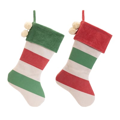 Set of 2 Striped Wool Christmas Stockings in Red and Green with Puff Ball Accents for Holiday Decor - 13.5”L x 2”W x 19”H