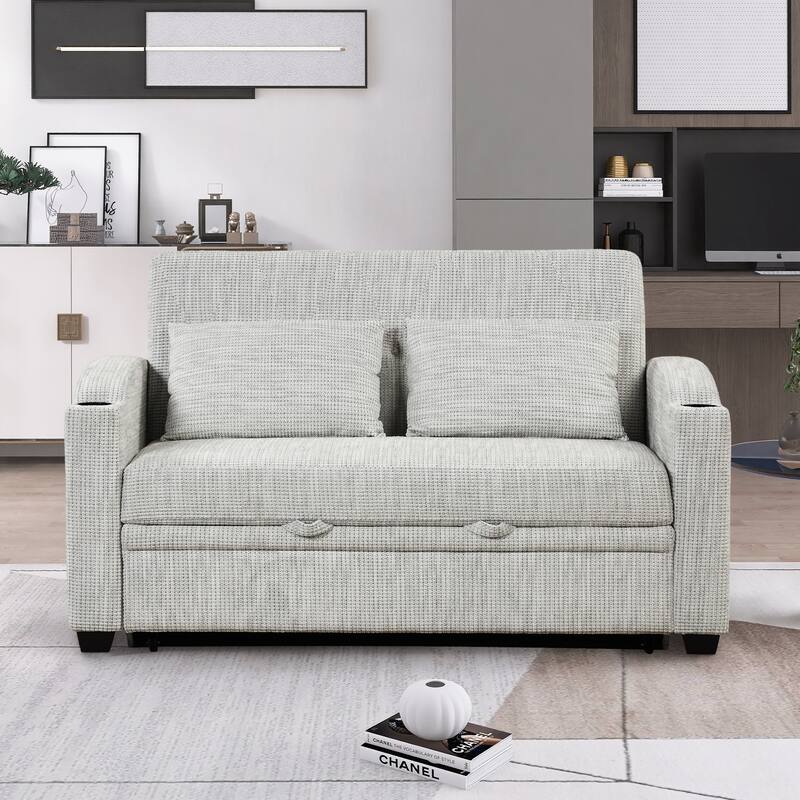 61.6" Pull Out Sofa Bed with Adjustable Backrest, 2 Pillows, Cup Holders & USB Ports, White Gray, Chenille