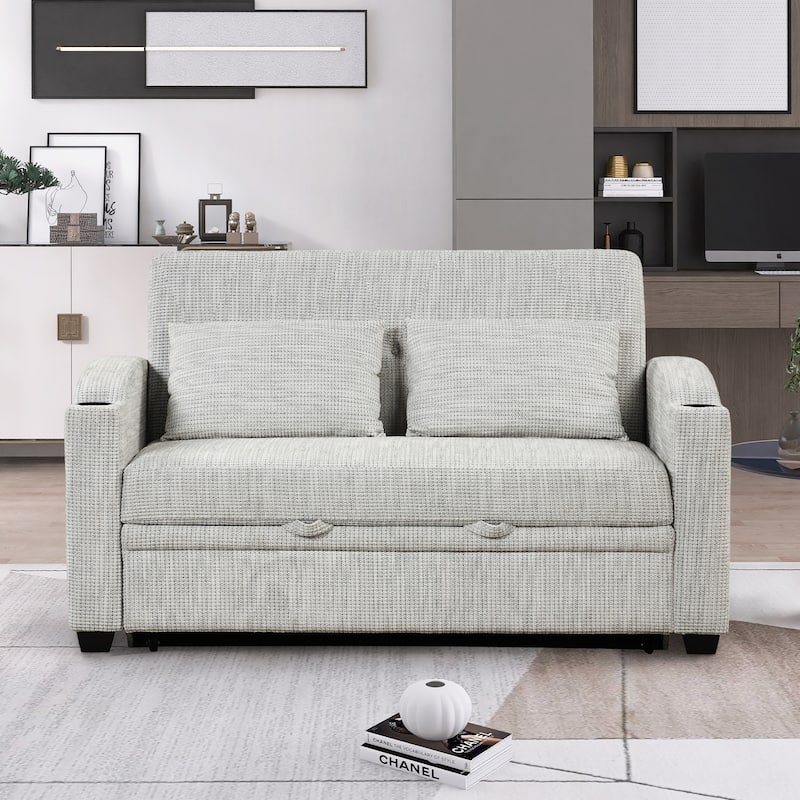 Chenille Loveseat Convertible Pull-out Sleeper Sofa Bed Adjustable Backrest Tufted Couch with 2 Pillows & USB Ports