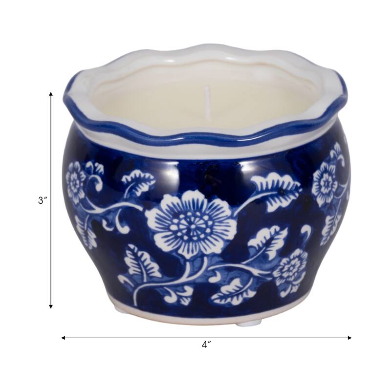Sagebrook Home Ceramic Chinoiserie Candle 4" - 7oz, Blue and White - 4" x 4" x 3"