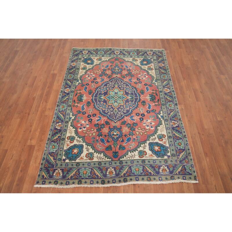 Hand Knotted Oriental 100% Wool Carpet Traditional Floral Pink Tabriz Area Rug - 6' 1'' X 4' 5''