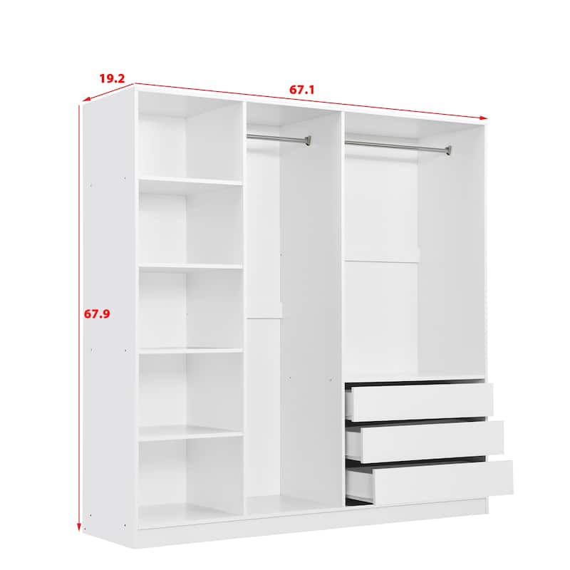 Open Armoire Wardrobe with 3 Drawers 67.70 Inch Freestanding Wardrobe with Clothes Rail Wooden Bedroom Storage Cabinet
