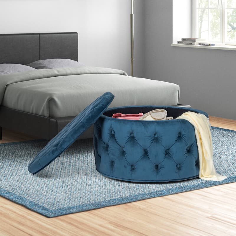 Adeco Round Velvet Storage Ottoman, Button Tufted Footrest Footstool