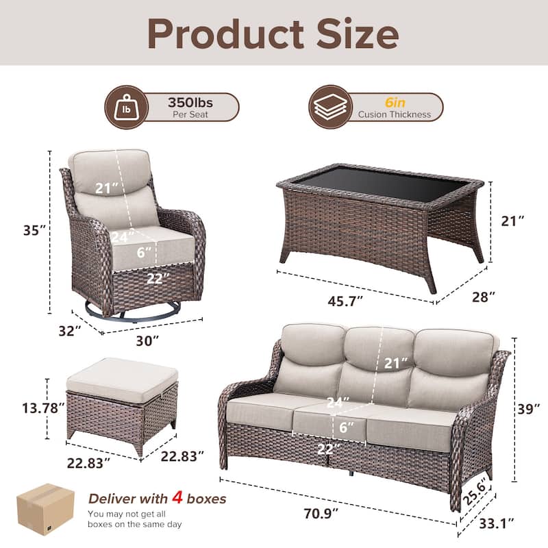 Gymojoy 6-Piece Patio Furniture Set with Swivel Glider Chairs, 6-Inch Ultra-Plush Cushions & Water-Resistant Olefin Fabric