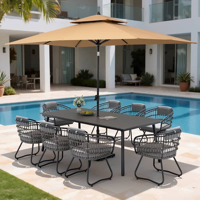 11PC Outdoor Patio Dining Set Aluminum Table with Rattan Chairs w/ Premium Market Umbrella Sets - GreyTable&GreyChairs&TanUmbrella
