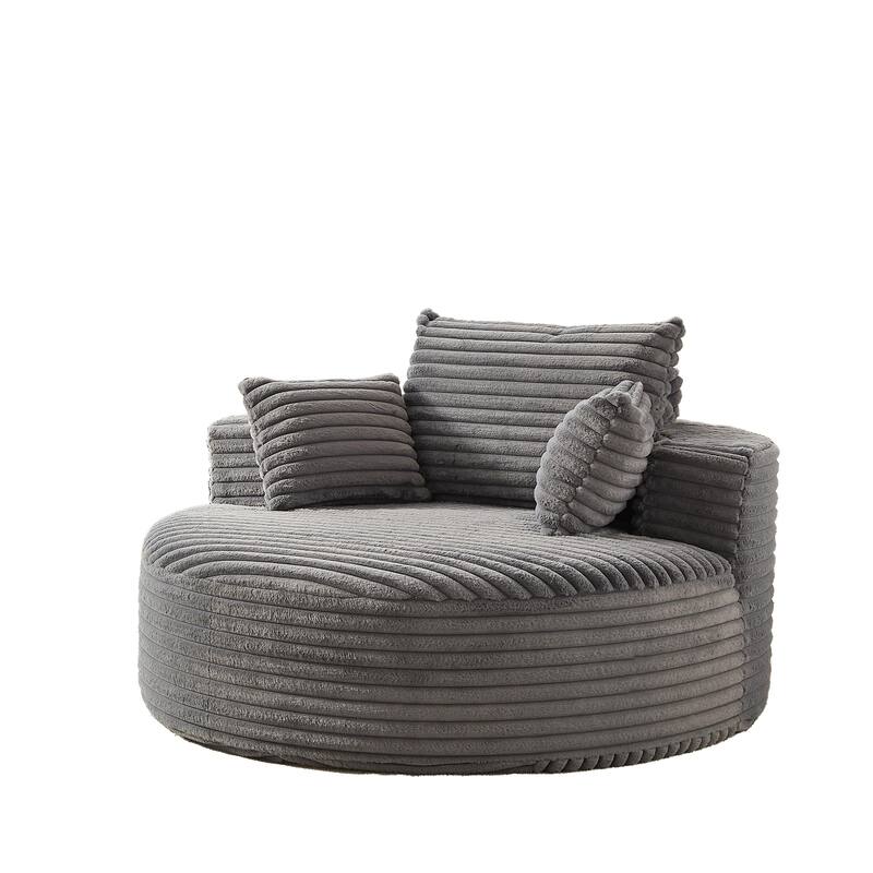 Oversized Round Chaise Lounge Corduroy Upholstered Single Sofa Chair with Cylindrical Neck Pillow and Integrated Backrest