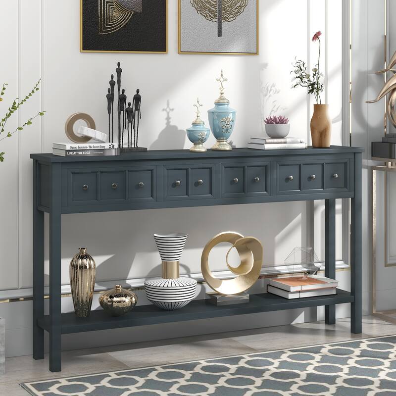Rustic Entryway Console Table Sofa Table with Drawers and Bottom Shelf - Navy Blue