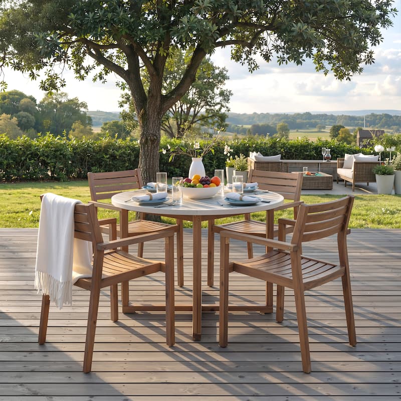 5-Piece Outdoor Dining Set with Acacia Wood Chairs and Round Table for Patios and Gardens - Light Brown