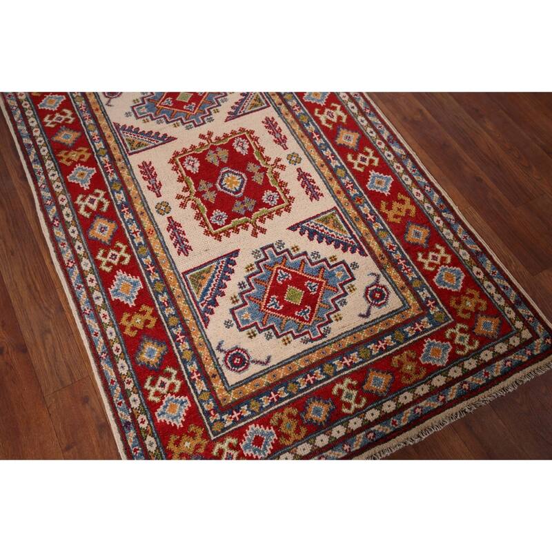 Geometric Kazak Oriental Foyer Rug Hand-Knotted Beige Wool Carpet - 2'9" x 4'3"