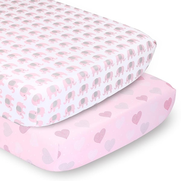 slide 2 of 4, The Peanutshell Pink Elephants & Pink Hearts Pink/Grey Fitted Crib Sheet Set