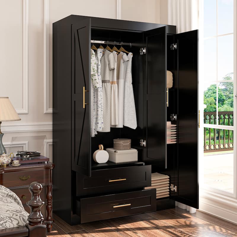 Classic Three-Door Wardrobe,Wood Bedroom Armoire with Hanging Rod and Shelves,Spacious Storage Closet,Modern Farmhouse Design