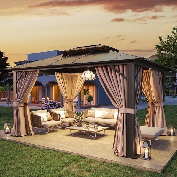 Hardtop Gazebo, Aluminum Frame Permanent Pavilion with Curtains