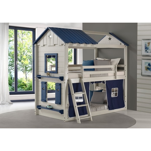Star Gaze Grey and Blue Twin-over-Twin Bunk Bed with Blue Tent. Opens flyout.