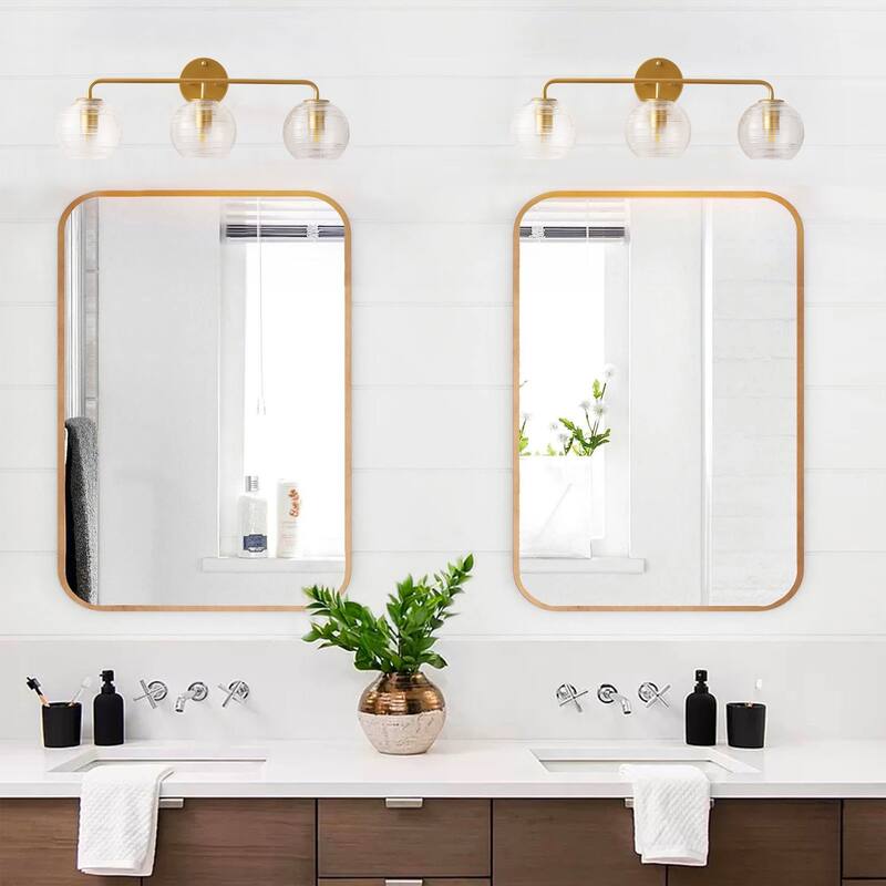 Painted Gold 3-Light Vanity Light with Clear Striped Glass Shades for Bathroom Mirror