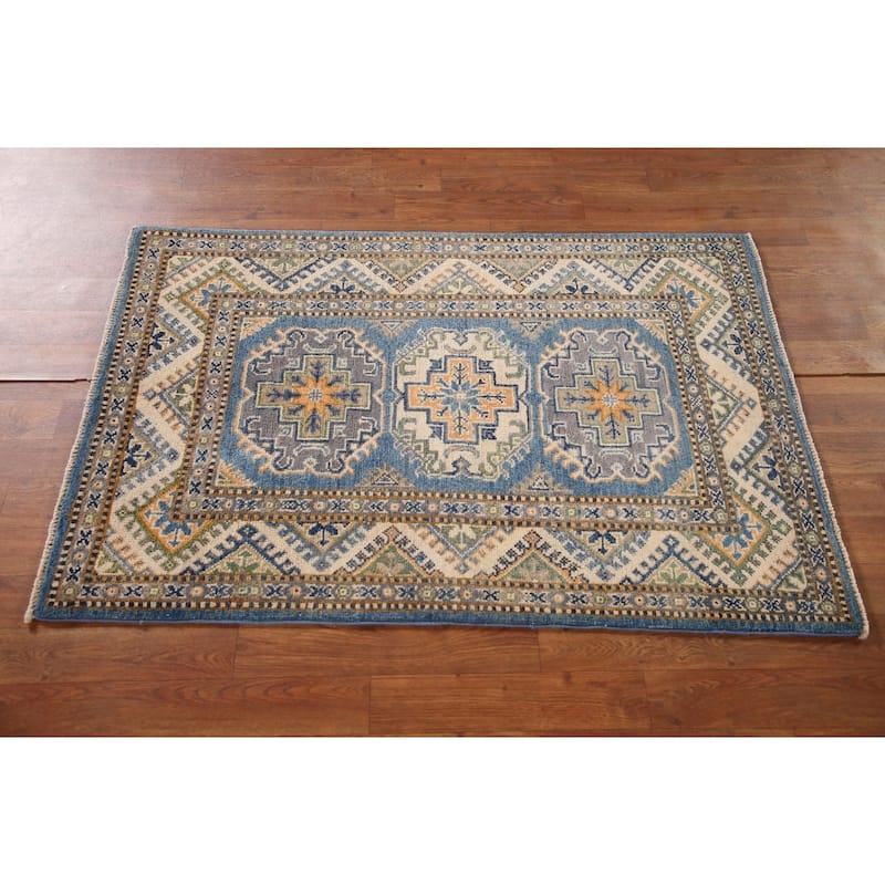Blue Kazak Oriental Accent Rug Handmade Geometric Wool Carpet - 2'9"x 4'1"