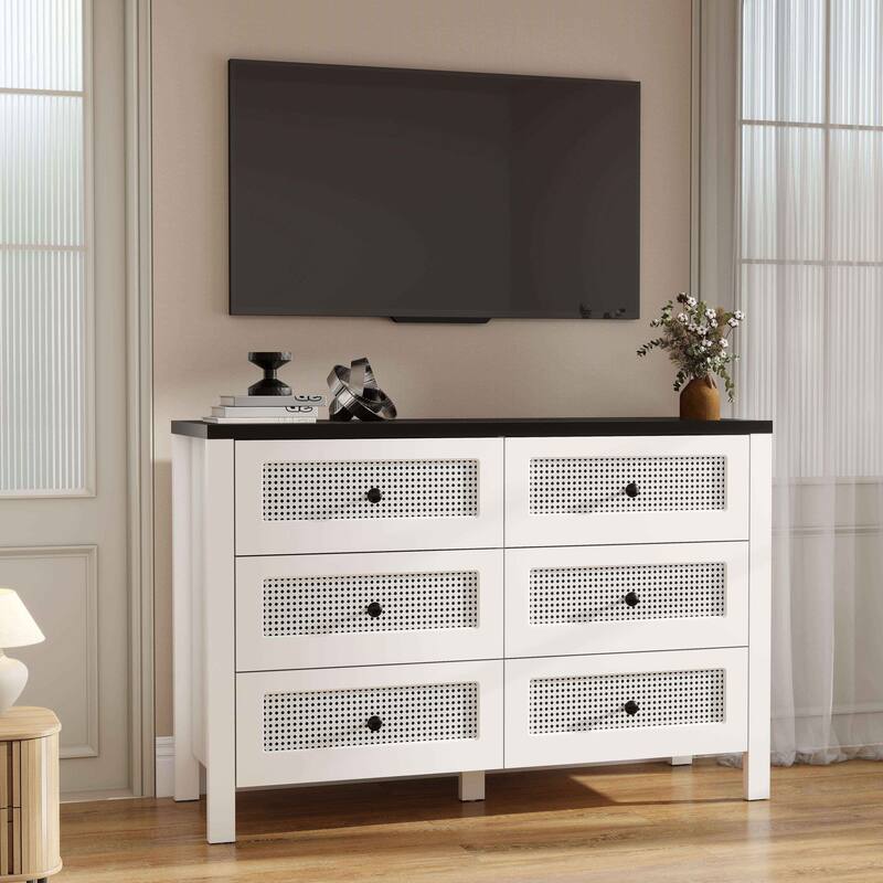 Fluted 6 Drawer Dresser for Bedroom, 47.2 Inch Wide Modern Wooden Chest of Drawers with Metal Handles