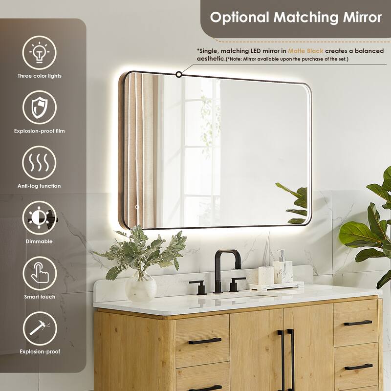Serene Bathroom Vanity in Nature Brown with Grain White Engineered Stone Countertop with Mirror