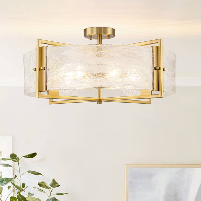 Modern Entryway 6-Light Glazed Glass Drum Semi-flush Mount - 23.6in - Gold