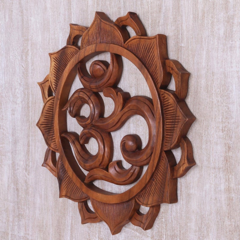 Handmade Om Petals Wood relief panel (Indonesia)