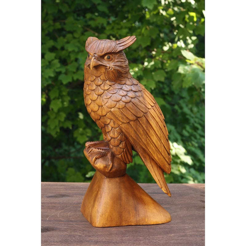 12" Large Wooden Handmade Owl Statue Handcrafted Figurine Art Home Decor Sculpture Wood Hand Carved Decorative Accent