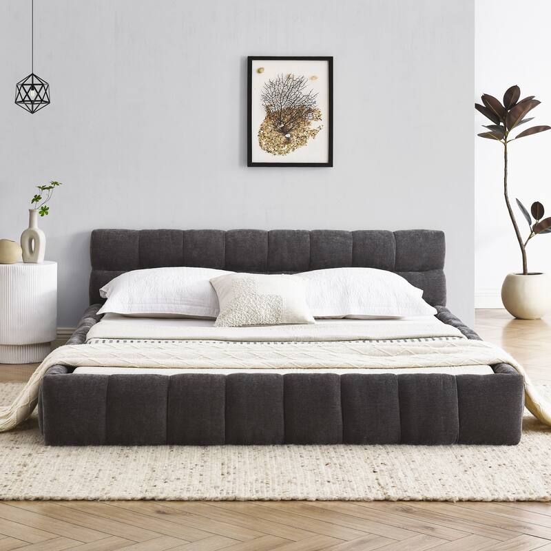 Queen Size Chenille Fabric Upholstered Grounded Platform Bed with Headboard and Solid Frame