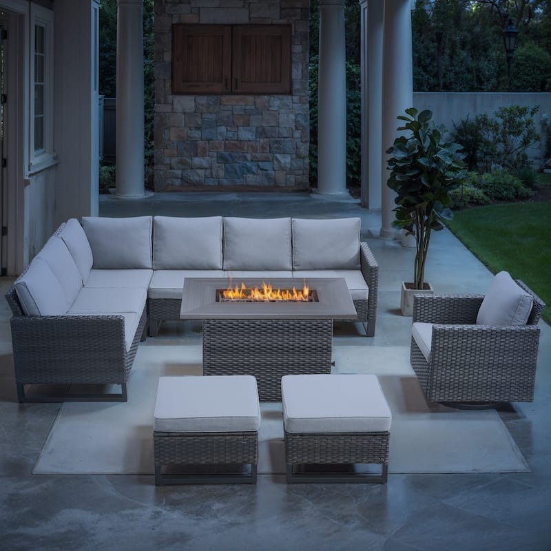 Outdoor Sofa Chair Ottomans with Fire Pit Table - Beige cushion - Grey - Beige - Grey