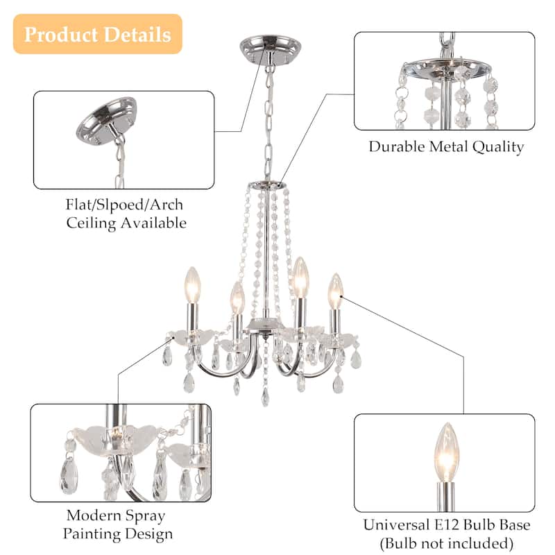 4-Light Candle Style Chandelier with Crystal Accents for Living Room Bedroom