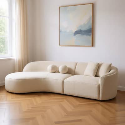 HomeRoots Ivory Boucle Modular Curved Two Piece Sofa and Chaise Sectional With Toss Pillows