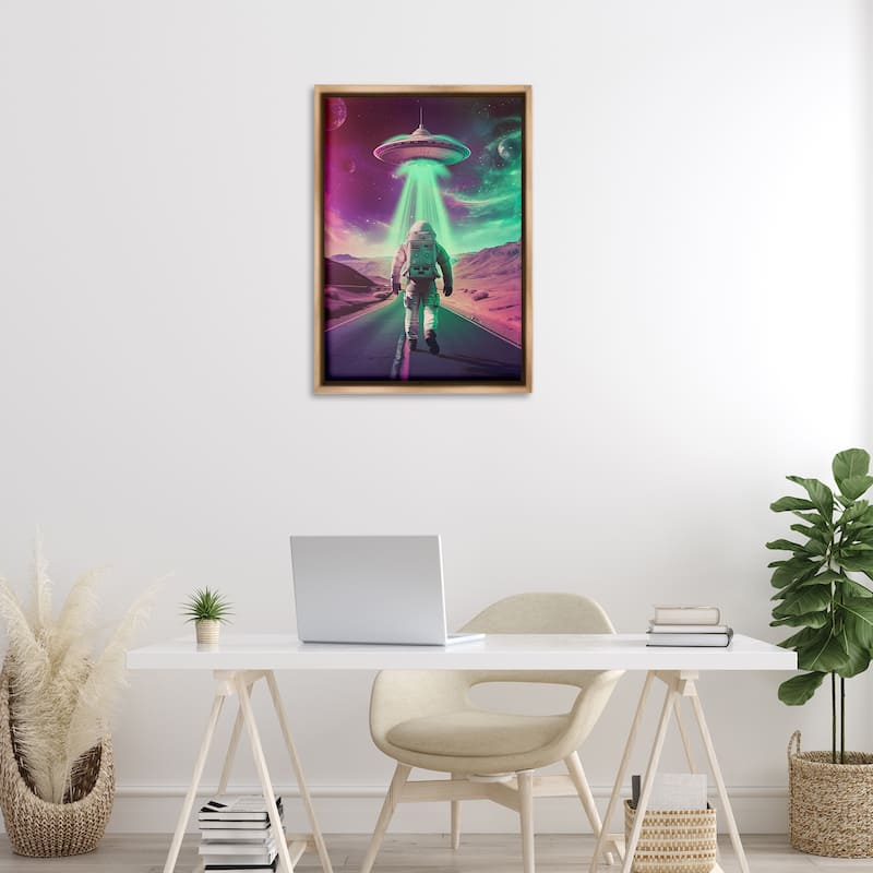 Stupell Astronaut Walking Toward UFO Framed Floater Canvas Wall Art Design By Wumples