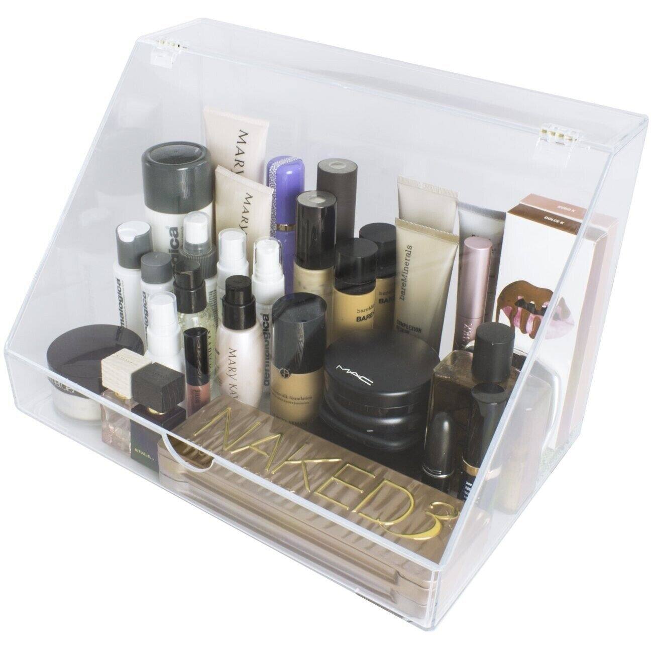 Acrylic Storage Case w/ Slanted Front Display Makeup Organizer Bed