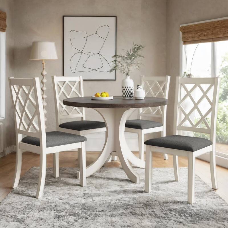 Solid Wood Round Dining Table Set with Upholstered Chairs, 5-Piece