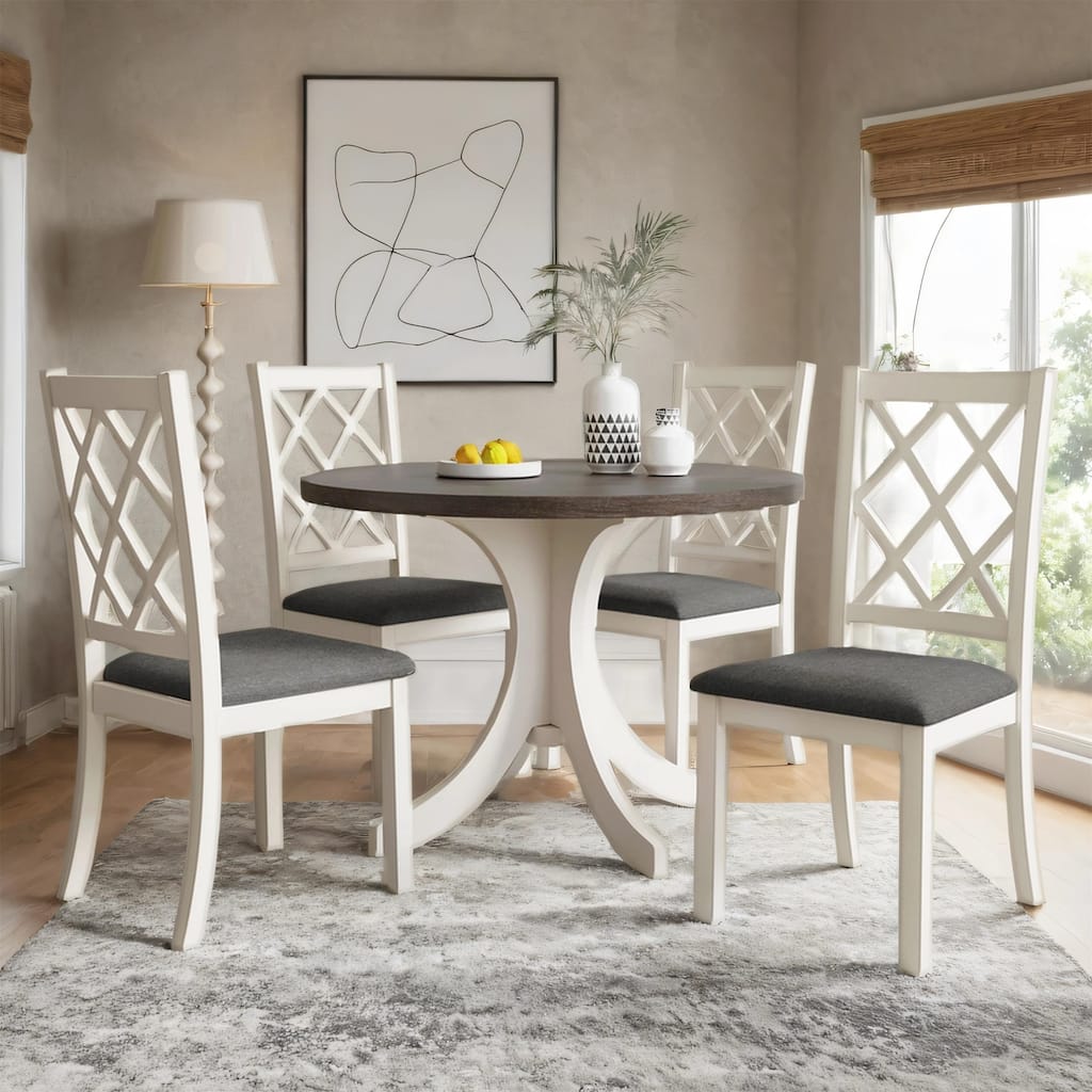 Solid Wood Round Dining Table Set with Upholstered Chairs, 5-Piece