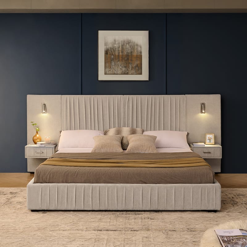 Chenille Upholstered Pleated Platform Bed Frame Wingback Headboard with Side Tables and Adjustable Lamps