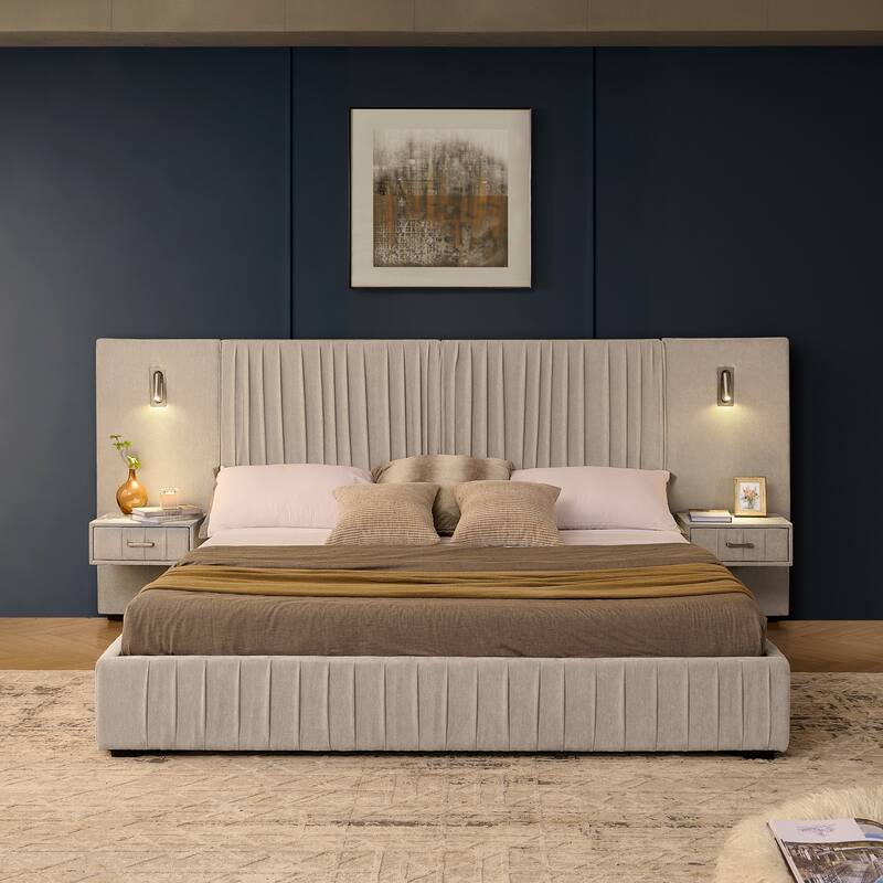 King Size Upholstered Platform Bed with Headboard, Bedside Table, and Adjustable Lamps, Beige
