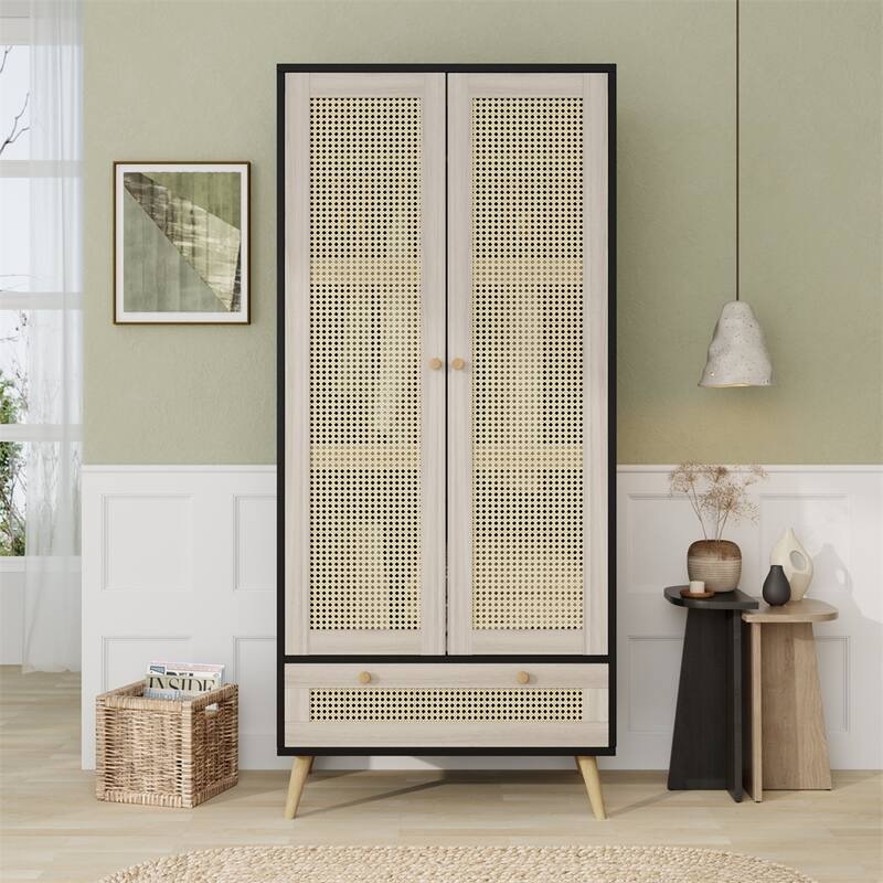 70.8" Tall Armoire Wardrobe Closet with 2 Rattan Doors & 1 Drawer